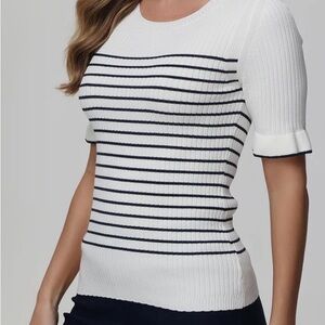 Elegant White and Black Striped Short Sleeve Top